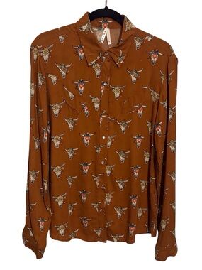 Roper Women’s Size Medium Cowskull Pearl Snap Button Up Top Western Rodeo